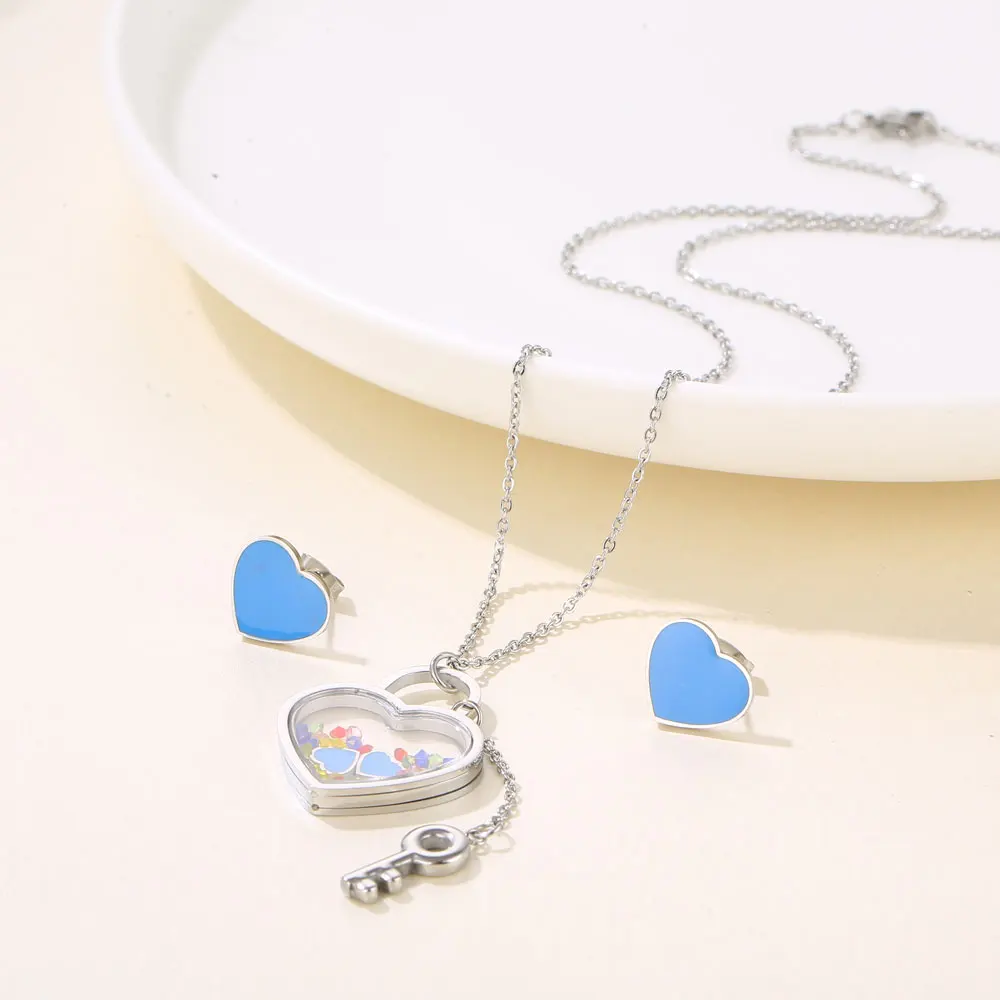 Glass Heart Necklace Earrings Set Stainless Steel Jewelry Sets Fashion Jewelry Accessory