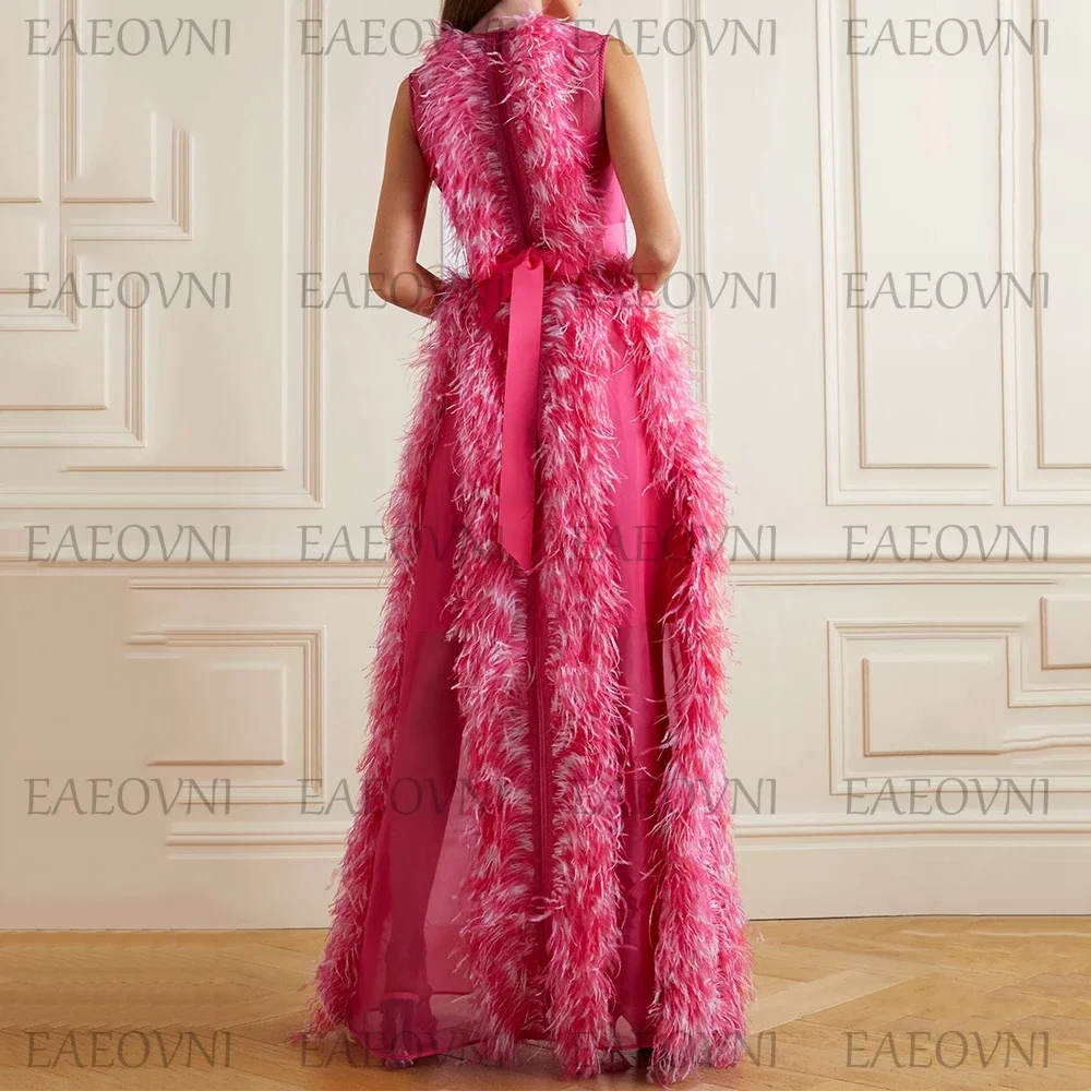 Customized A-Line Feathers Prom Gown Sleeveless Round Neck Middle Eastern Dress Floor-Length Evening Party فساتين السهرةWomen M