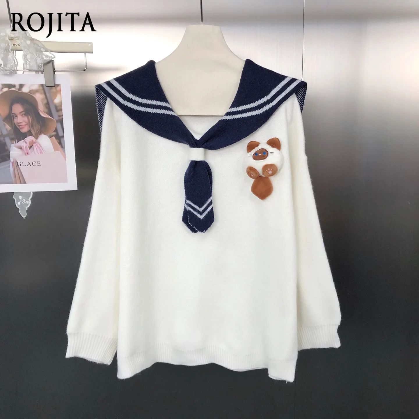 

Japanese College Style Color-Block Navy Collar Rabbit Jacquard Youthful Cute Versatile Soft Girl Pullover Sweater for Women