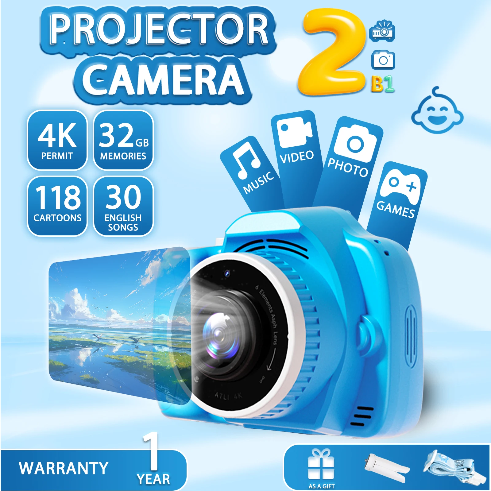 Kids Camera with Projector, Large Screen 1080P Video Recording Camera, 32GB SD Card, Christmas Birthday Gift, Portable Toys for
