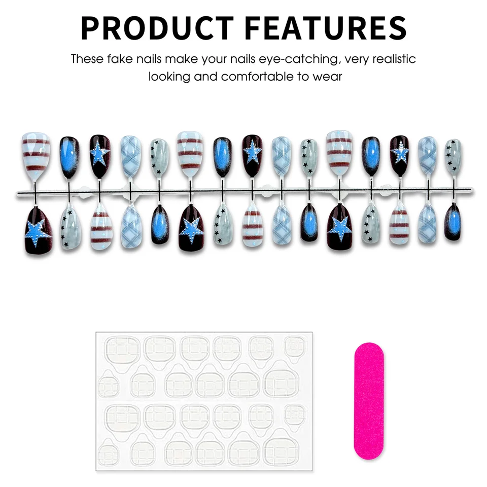 30 uñas postizas en forma de almendra, estilo Y2K, cuadros azules retro, estrellas doradas, para mujer, fiestas, uso diario, manicura DIY 5