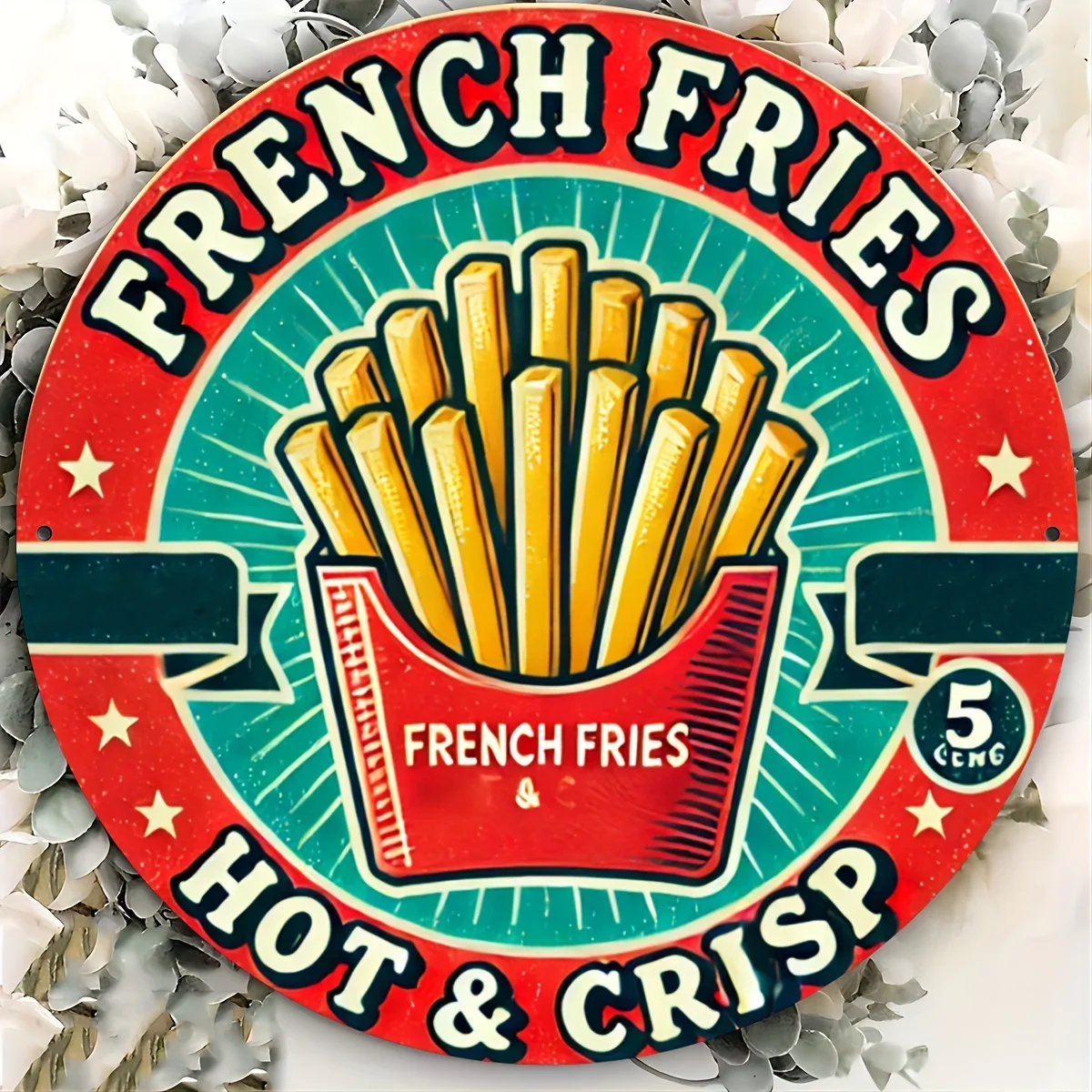 قطعة واحدة من لافتة ألومنيوم كلاسيكية "بطاطس مقلية ساخنة ومريشة" - مقاومة للماء وملونة ثابتة، 7.8 × 7.8 بوصة - فن جداري قديم للمطبخ، Livi #4