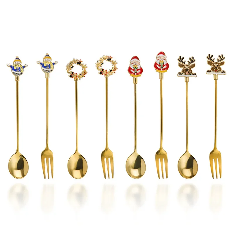 New Christmas Stainless Steel Gold Tableware Cute Cartoon Ice Cream Dessert Spoon Coffee Stirring Teaspoon Fruit Fork Party Gift