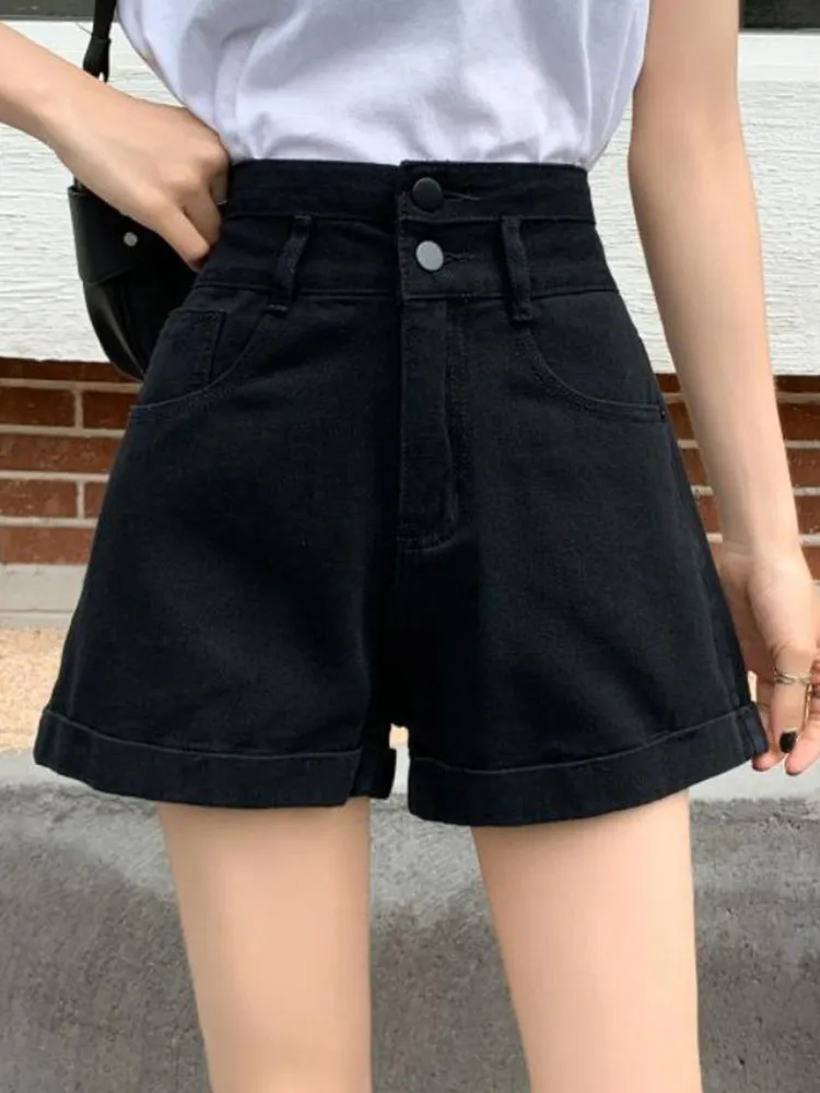 

High Waist A-Line Short Jeans Women's Thin Style Spring New Arrival Slimming Black Denim Shorts Commute Style Standard Fit