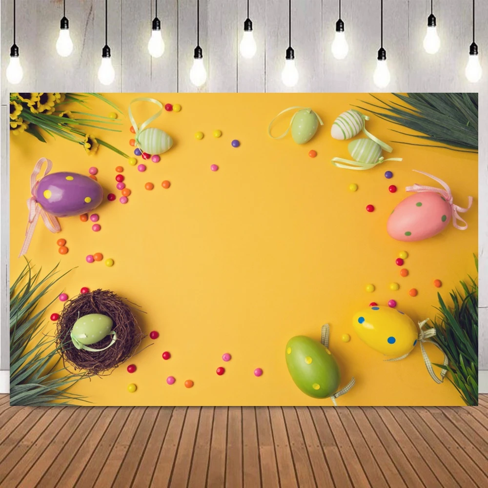 Happy Easter Yellow Photo Backdrop Colorful Eggs Bunny Floral Cartoon cookies Baby Shower Birthday Party Home Decor Background