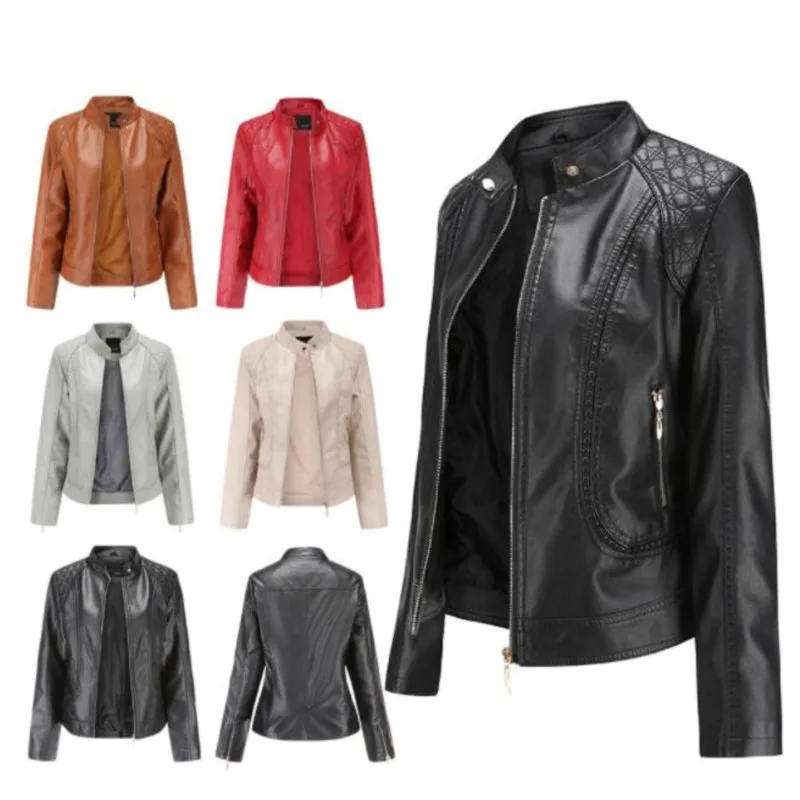 New Lady Spring and Autumn OL Stand Collar Stand Collar Leather Jacket Women Moto Biker Coat PU Jacket Autumn Jacket Black Red