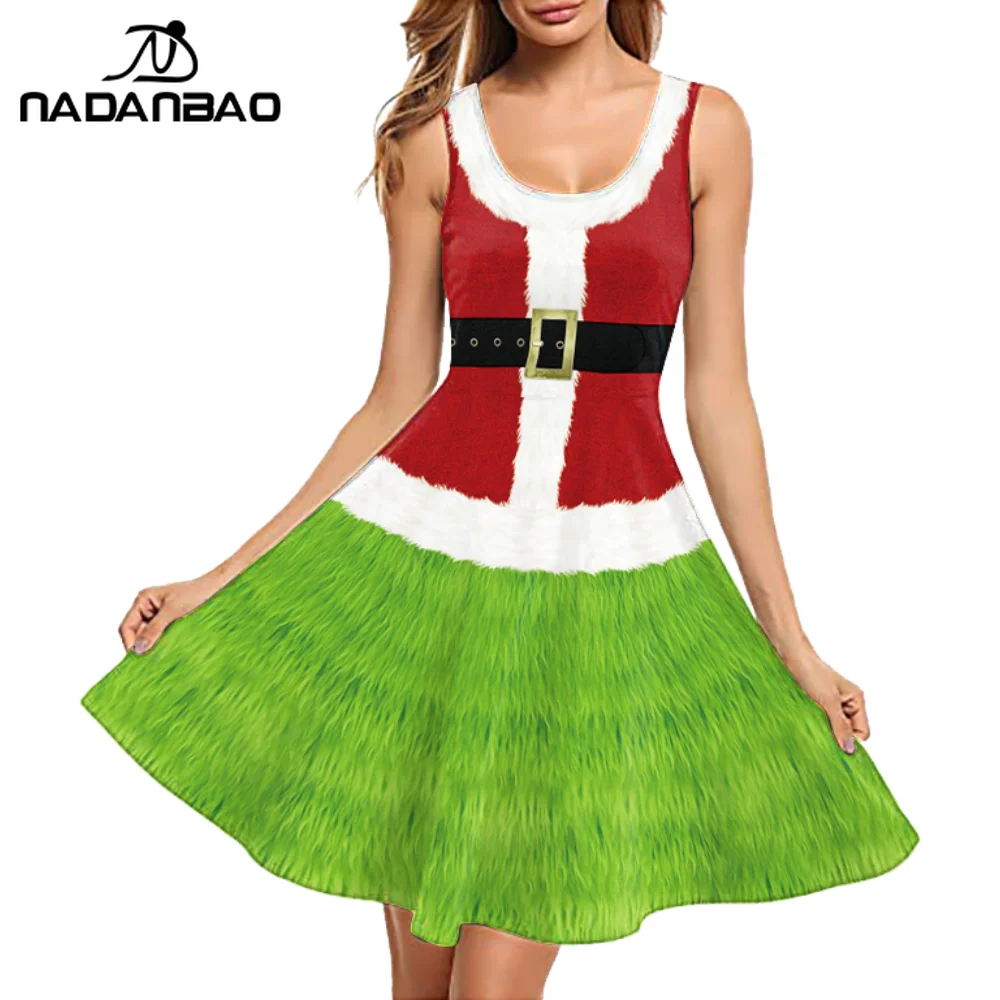 

Nadanbao Christmas Green Monster Printed Dresses Sleeveless A-Line Midi Dress Xmas Holiday Party Costume Lady New Year Outfit