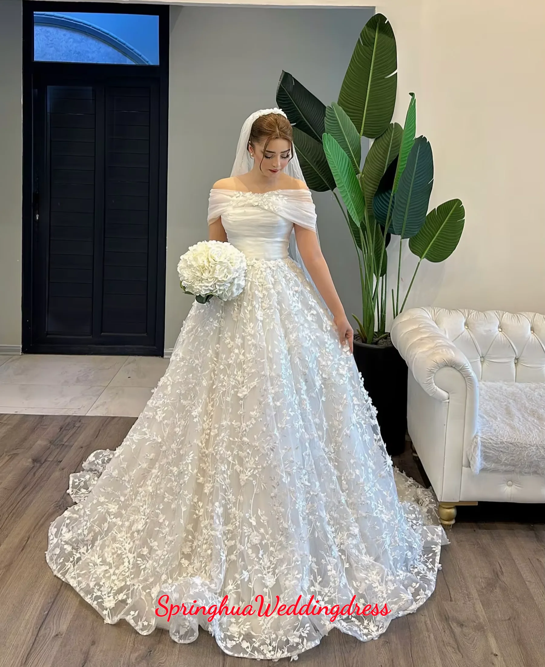 Customized Off-the-shoulder Lace Luxury Wedding Dress White Long Saudi Arab A-line Middle Eastern Bridal Gown Vestidos De Novia