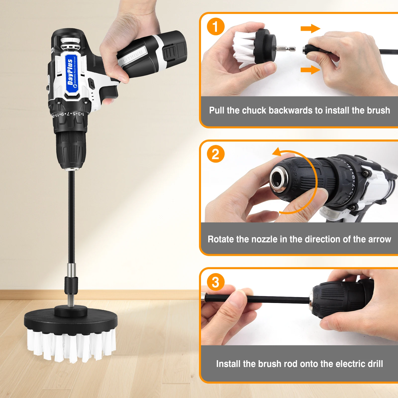 DayPlus 2-in-1 สว่านไร้สาย & Electric Spin Scrubber แปรงทําความสะอาด Combi Set w/แบตเตอรี่และเครื่องชาร์จ 25 + 1 Keyless, แปรง 6 ชิ้น