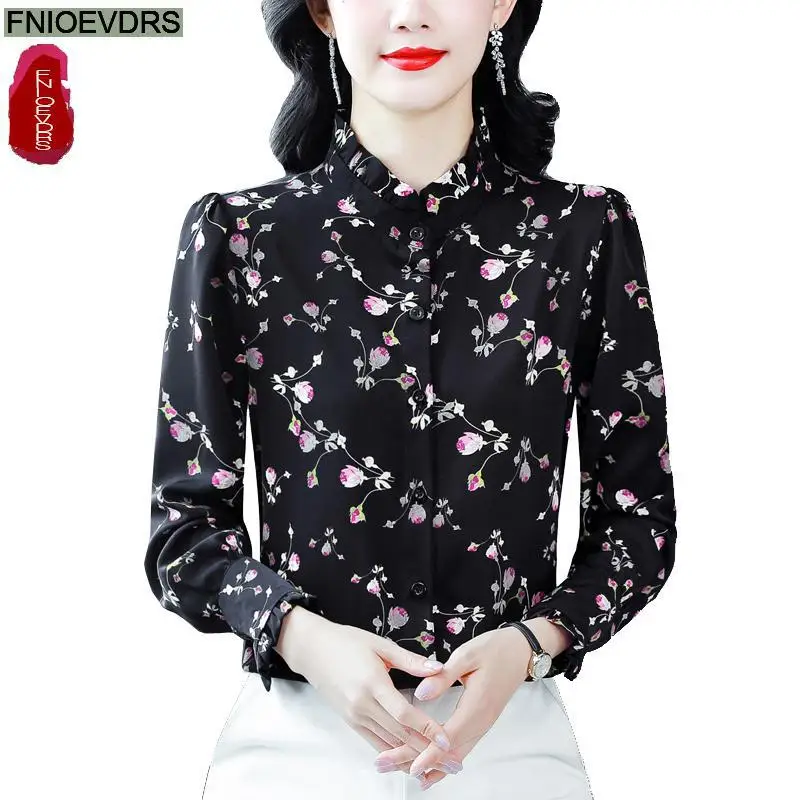 블랙 러플 상의 블라우스, 용수철 슬림 기본 착용, 긴 소매, 레트로 프렌치 디자인, 꽃 프린트, 꽃 셔츠, 2025 신상