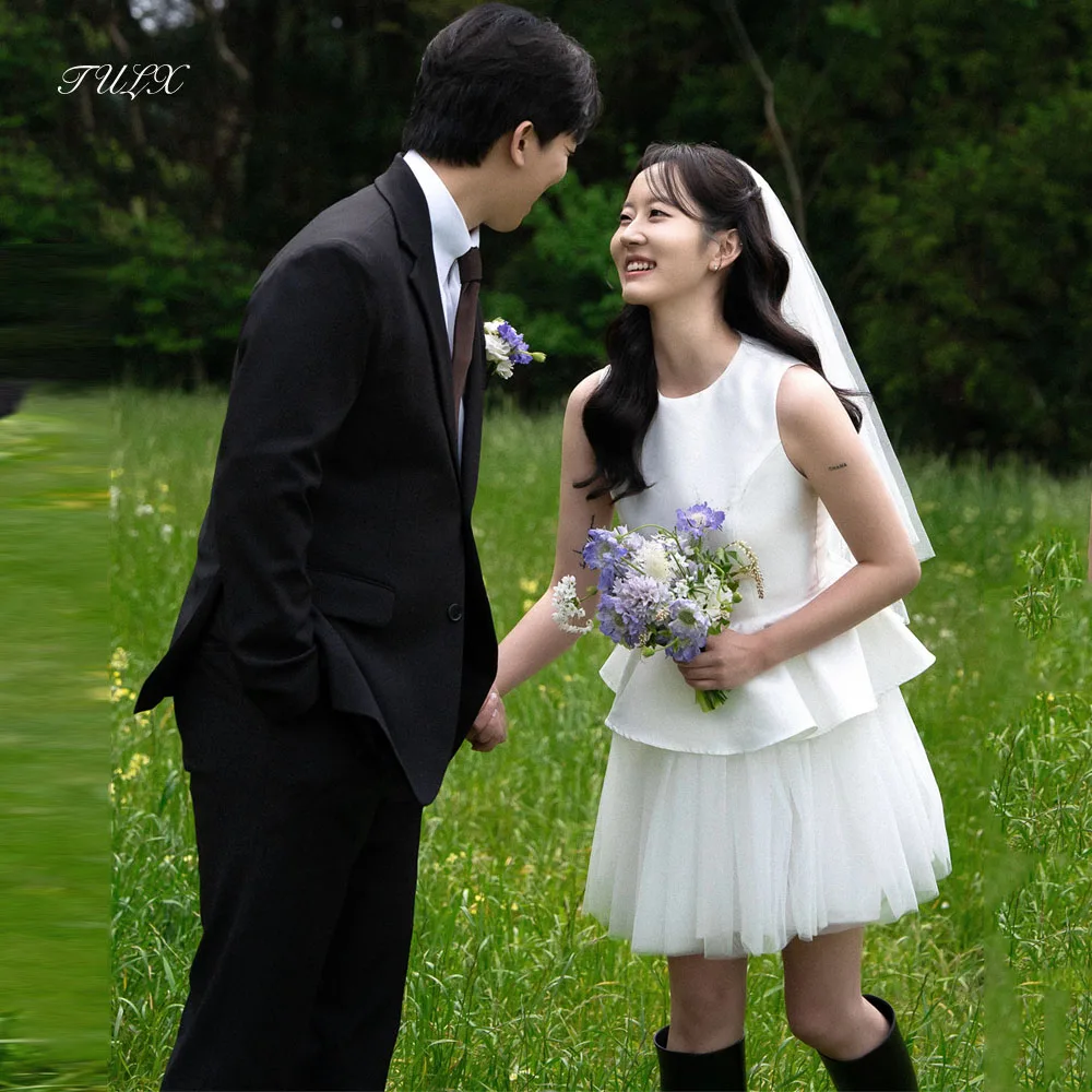 TULX Simple Ivory Satin Tiered Mini Wedding Dresses Photo Shoot O Neck Sleeveless Short Korea Bridal Gown Zip Customized 웨딩드레스