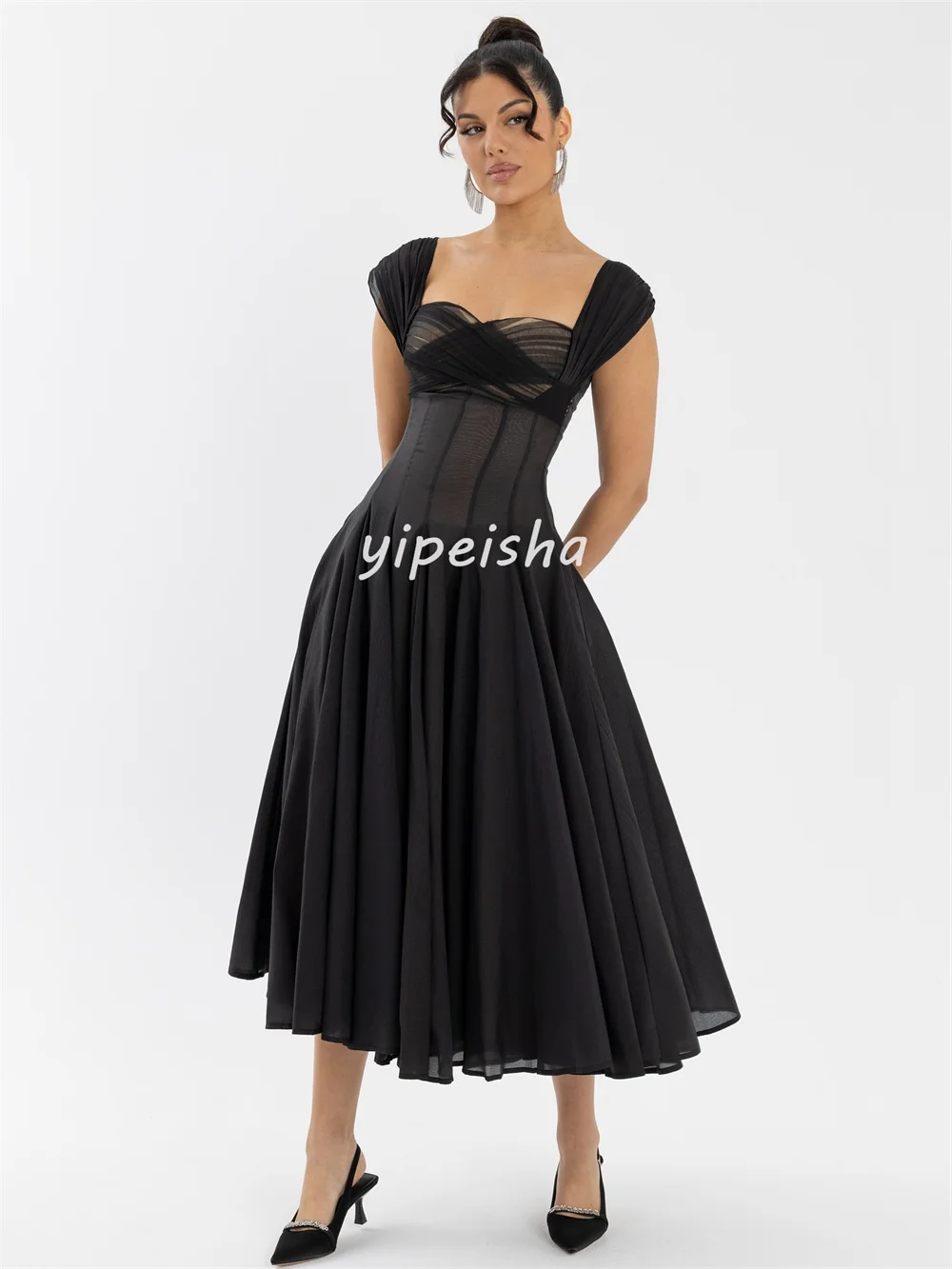 Customized Sexy Fashion Pleat Ruched A-line Square Neck Midi Dresses Bespoke Occasion Dresses Sizes Available High Quality