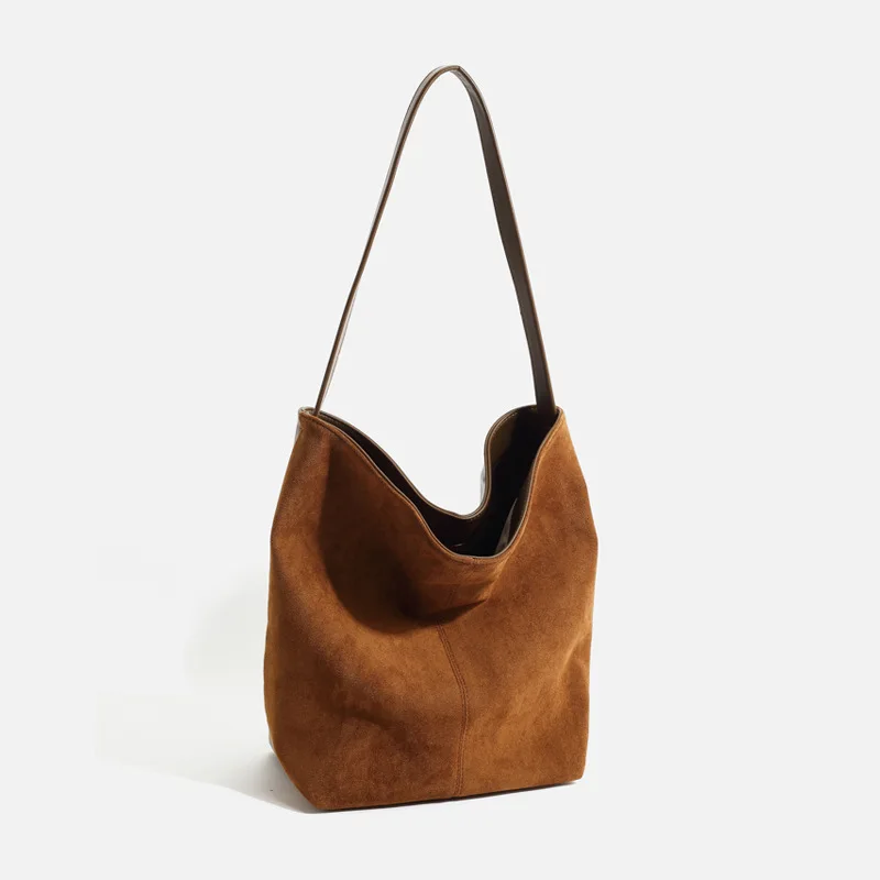 

2025 Soft Vintage Shoulder Bag Large Capacity Matte Bucket Purse for Women Minimalist Solid Color Tote for Autumn Winter