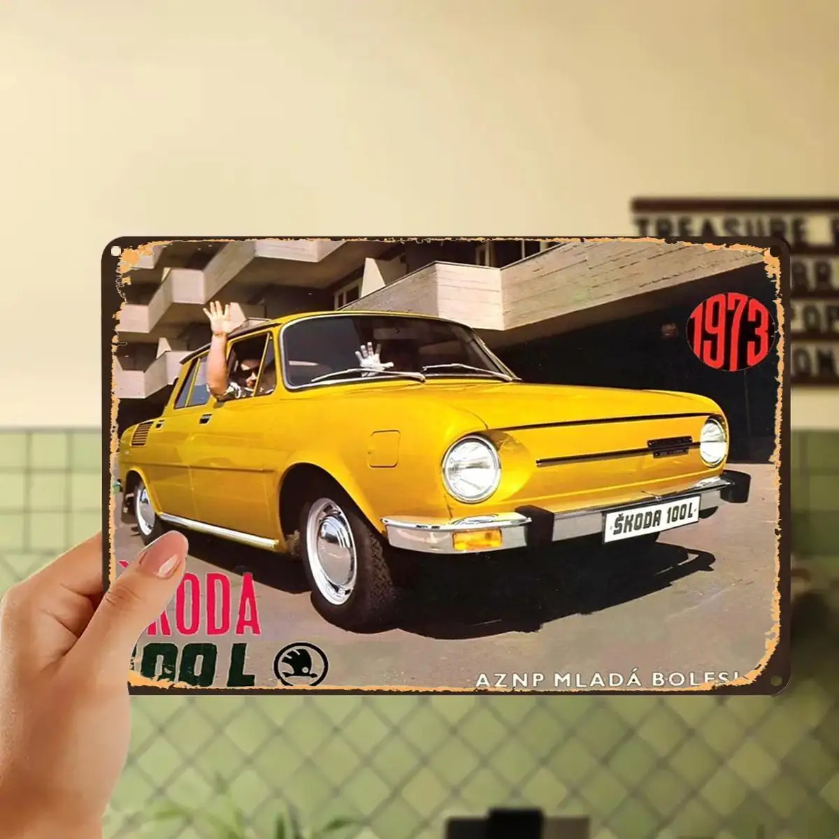26.42gal: A Classic Car from AZNP Mladá Boleslav, Made in Czechoslovakia (1973) Metal Tin Sign - Vintage Yellow Taxi Desi