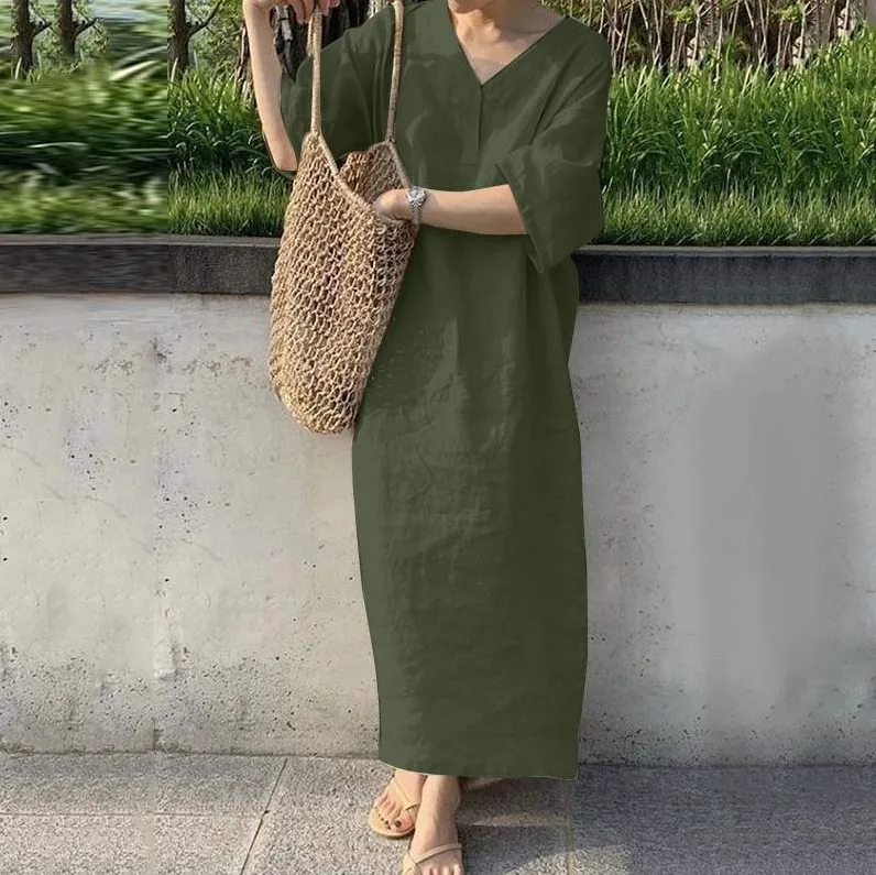 Short Sleeve V-neck Female Solid Color Casual Cotton And Linen Dress For Women Summer Loose Long Dress Elegant Women's Clothing