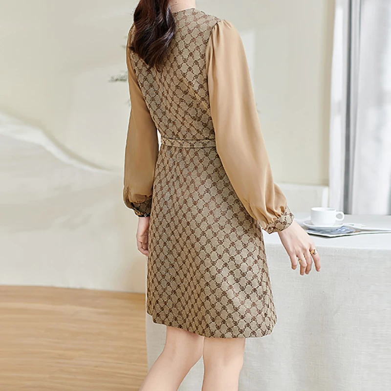 EVNISI Women Casual Long Sleeves Patchwork Dress With Belt Floral Printing Slim Office A-line Dresses Women Party Vestido Autumn