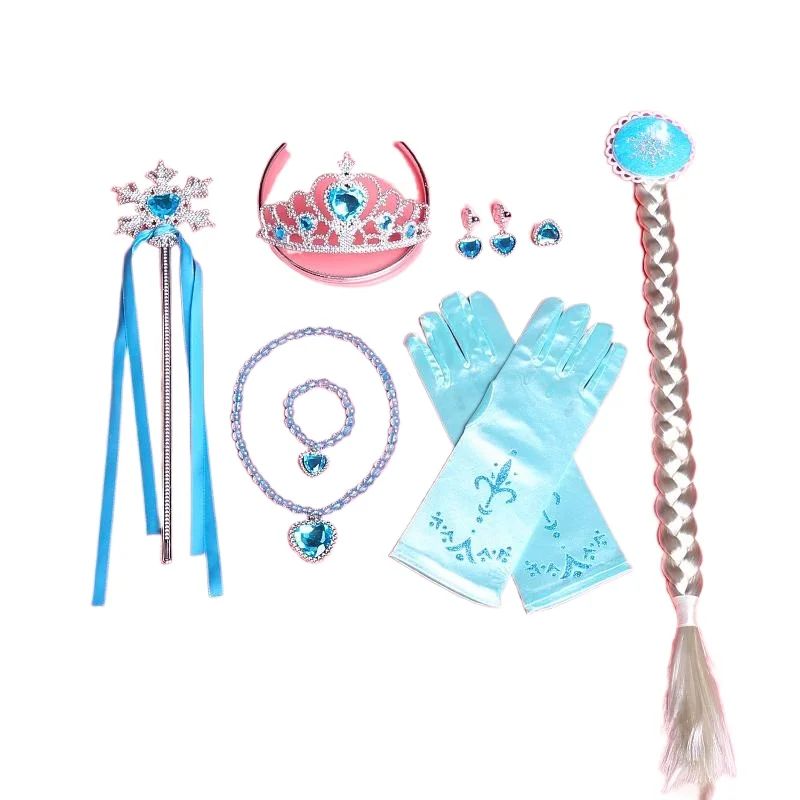 Ensemble d'accessoires Elsa Anna pour filles, ensemble de 4 pièces de princesse de fête pour enfants, reine des neiges, flocon de neige, baguette magique, diadème, couronne, gants, perruque tressée