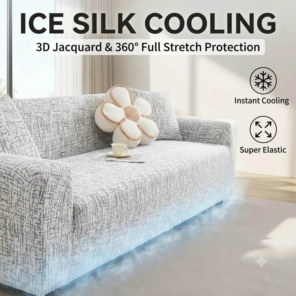 Super Soft Cooling Ice Silk Sofa Cover 360 Full Wrap Elastic Couch Cover Anti-Scratch Pet Friendly Jacquard Sofa Slipcover
