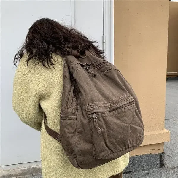 Vintage Backpack for Women Preppy Style Canvas Women Rucksack Zipper Casual Medium-Capacity European-American Style Female Bag