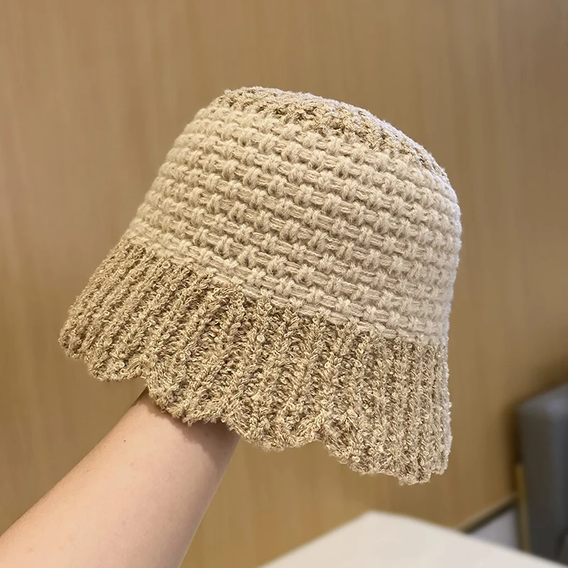 Autumn and Winter Niche Color Knitted Bucket Hat Ladies New Face Small Casual Pot Hats Fashion Collapsible Fisherman Cap