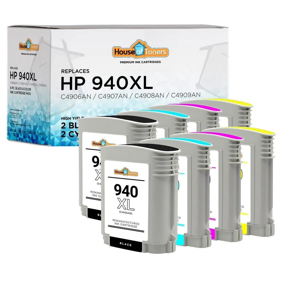 

8pk #940XL C4906A Black C4907A Cyan C4908A Magenta C4909A Yellow Ink Cartridges