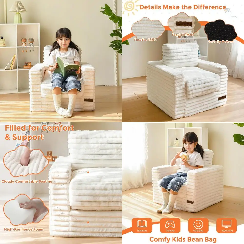 

Children's Bean Bag Chair, Cozy Upholstered Floor Sofa with Pillows and Armrests, Ideal for Boys and Girls, Beige