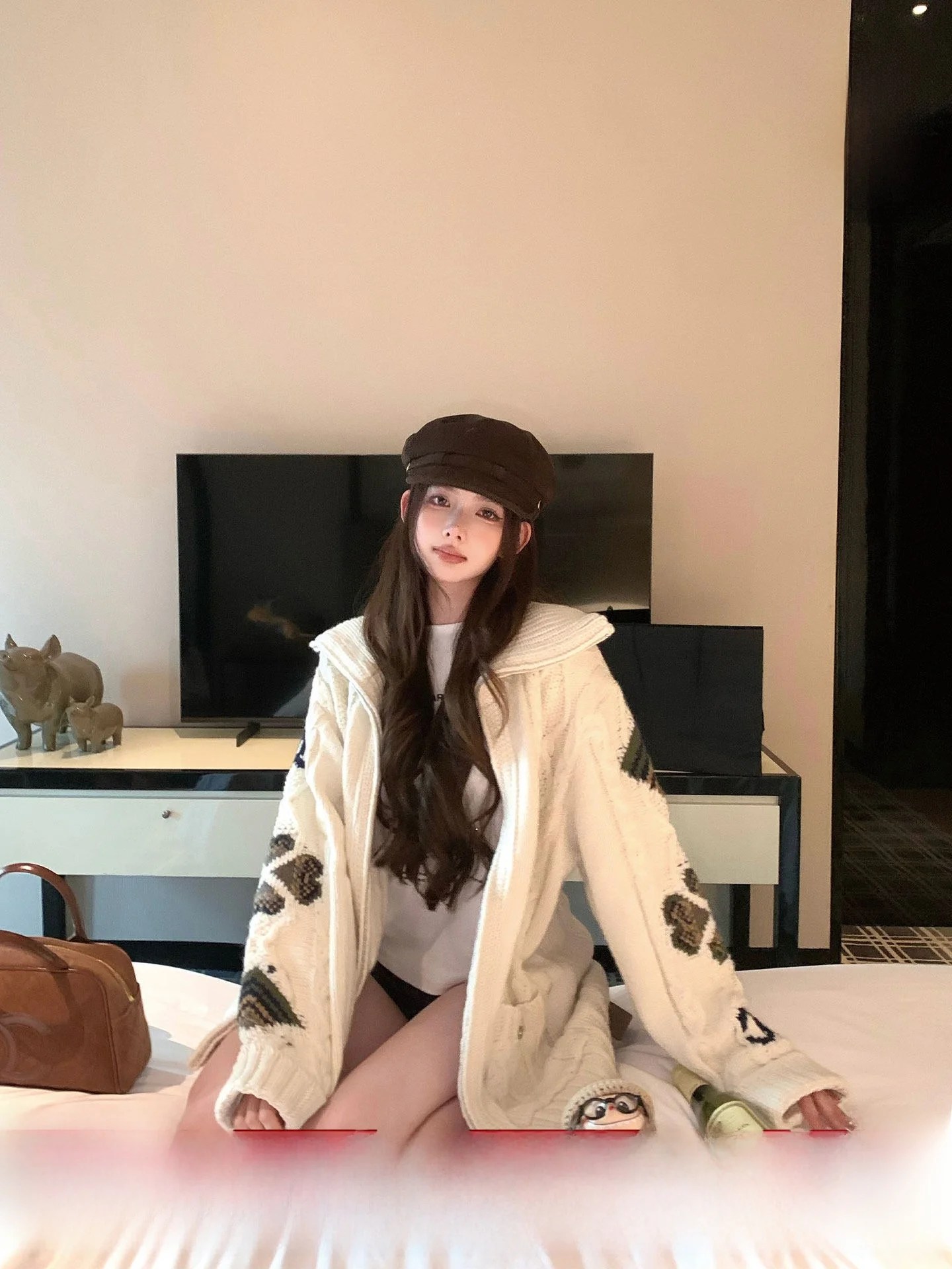 

Okaaay American Retro Knitted Open Cardigan Loose Casual Twist Flower All-Match Slimming Outerwear for Women Autumn Winter