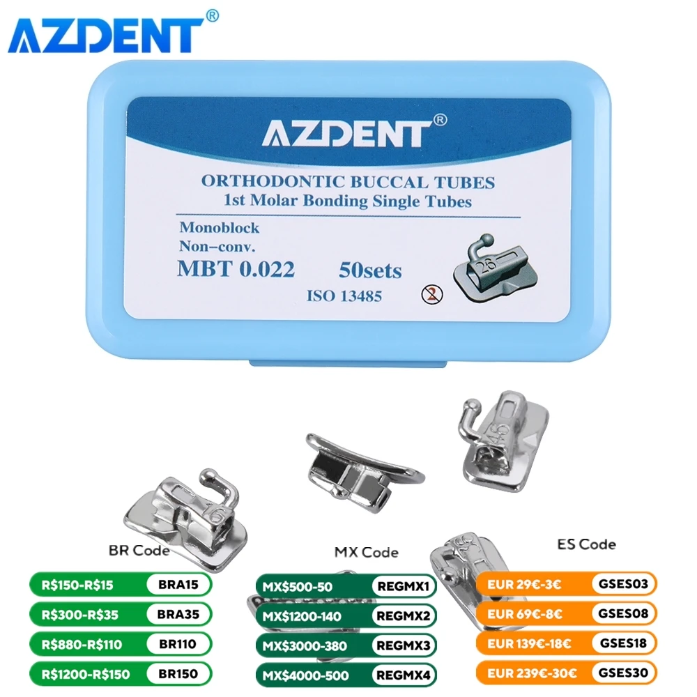 200Pcs/Box Dental Orthodontic Buccal Tube AZDENT 1st 2nd Molar Bondable Monoblock Non-Convertible Roth MBT 0.022 0.018 Dentistry