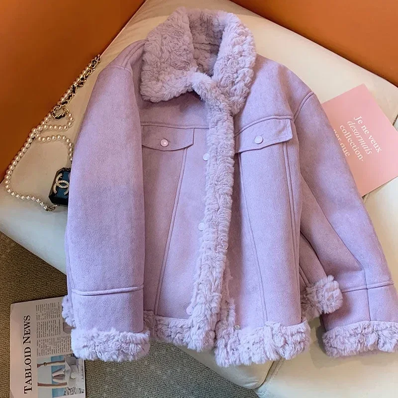 Purple Fur Integrated Lamb Fur Coat Women's Unique Autumn Winter Female Warmth Casual Jackets