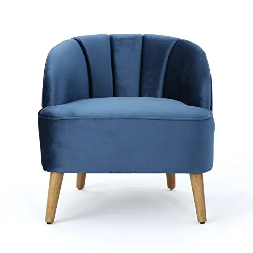 

Deep Blue Velvet Channel-Tufted Armchair With Light Wood Legs, Contemporary Lounge Chair