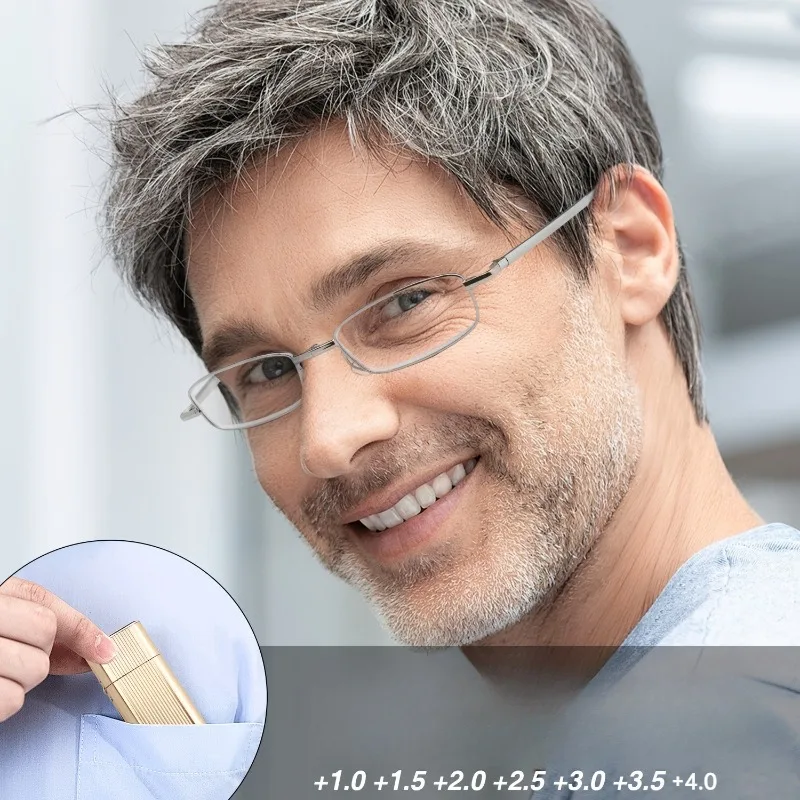 1 Stück Tragbare Faltbare Lesebrille mit Kompaktem Metallrahmen, Bequemen Nasenpolstern im Business-Stil für Männer & Frauen mit Etui