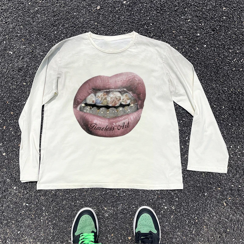 American  Lip Print Long Sleeves Women T-shirt  Loose Retro Autumn Streetwear Oversize Clothes  Harajuku Women for T-shirt Y2k