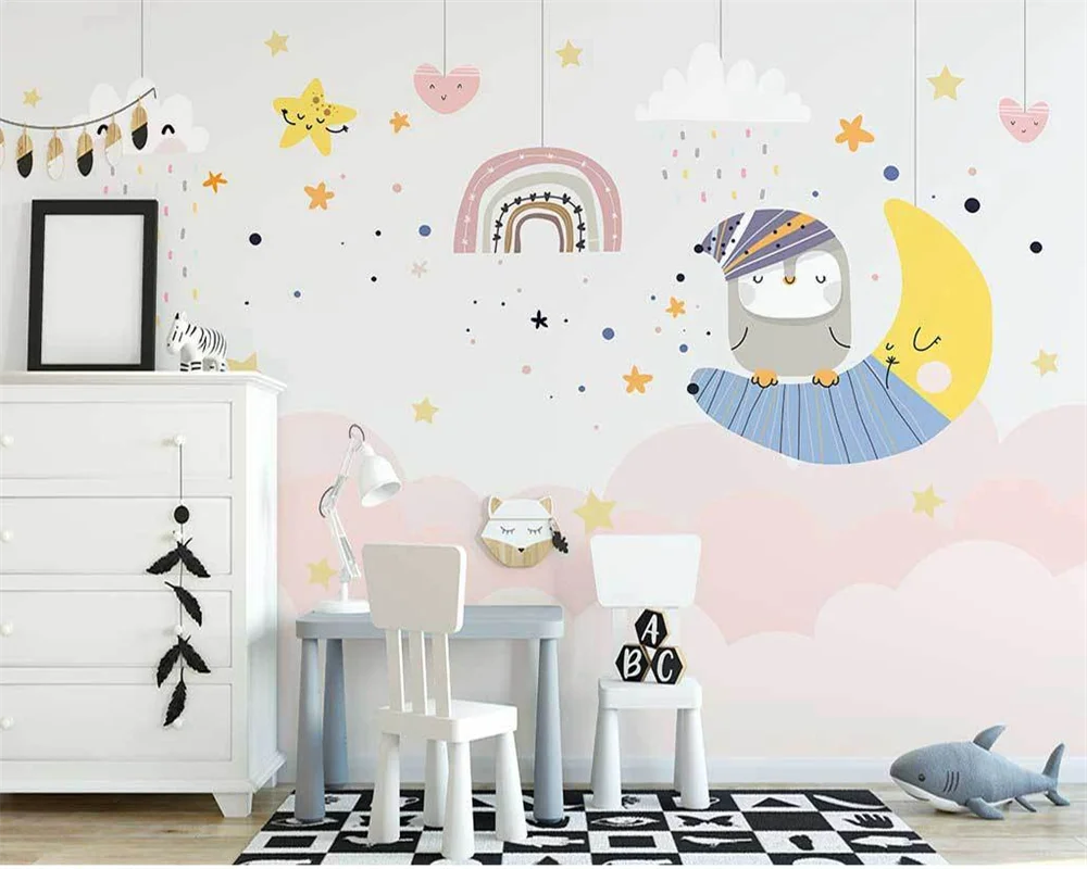beibehang Customized new Nordic hand-painted clouds small animals starry sky children's room background wallpaper papier peint