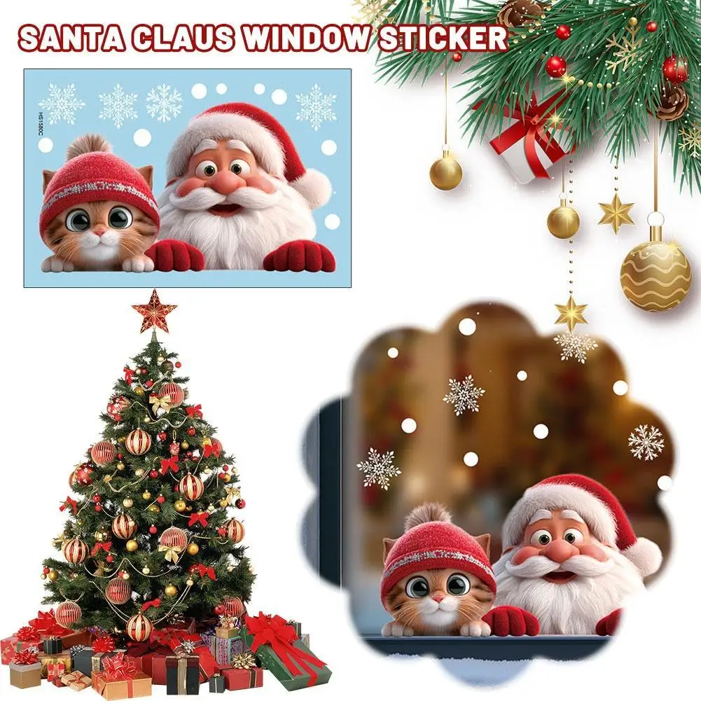 2pcs Christmas Window Clings Stickers Xmas Decal Decorations Indoor Holiday Snowflake Santa Claus Cat Window Electrostatic Decal