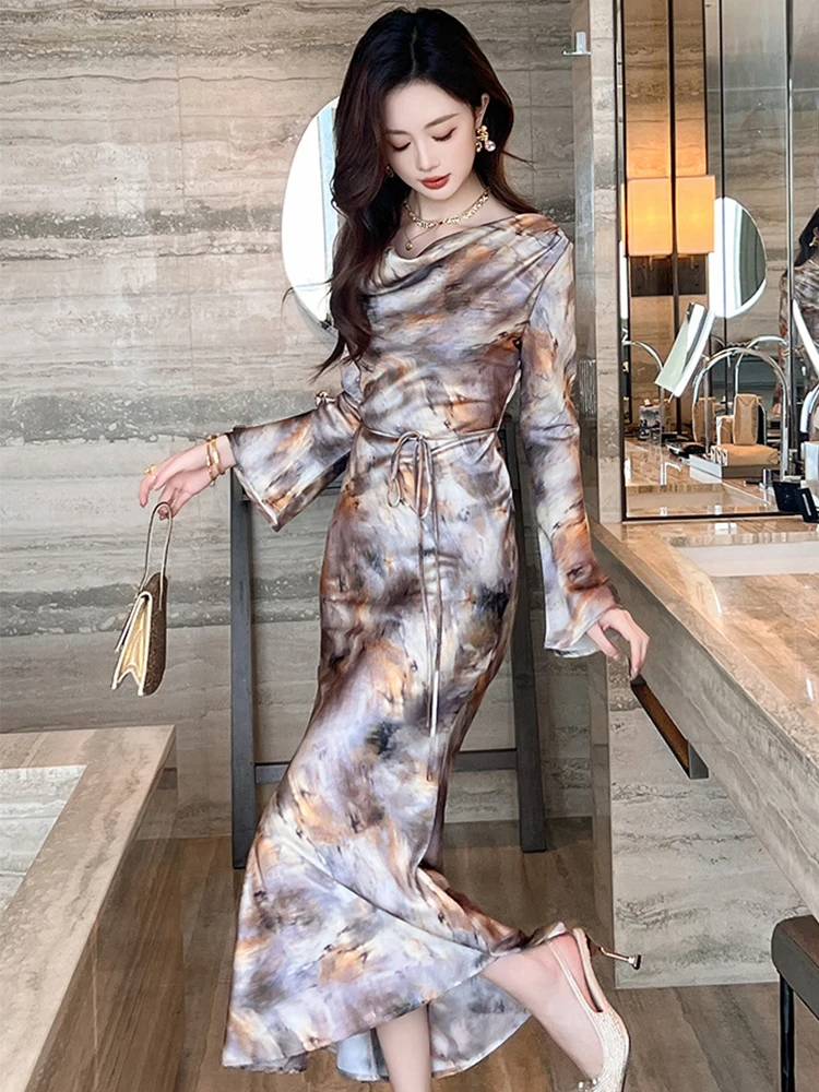 Novo outono casual impressão gola oscilante sereia vestido longo roupas femininas elegante manga alargamento cinto fino robe festa de formatura vestidos