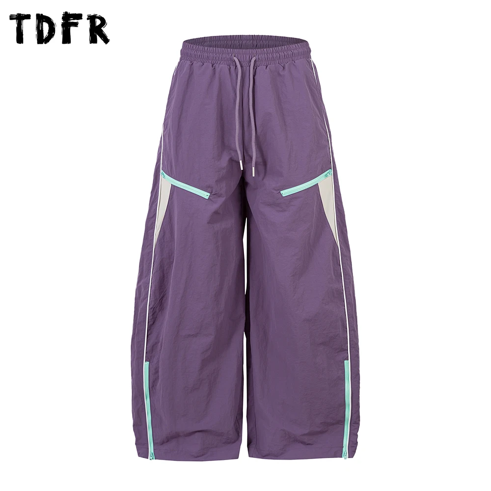 

Contrast Paneled Wide Leg Pants Mens Hem Zipper Safari Style Elastic Waist Loose Baggy Trousers Men