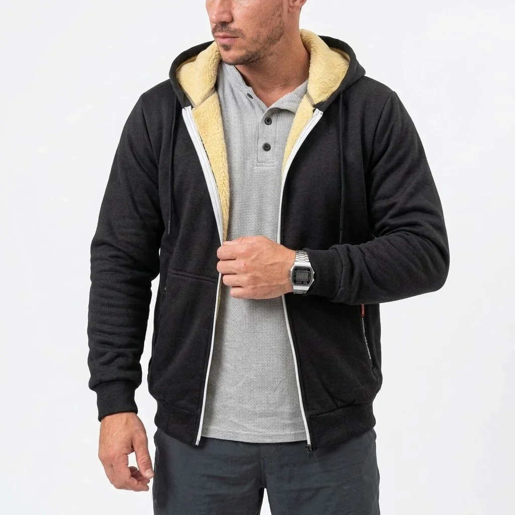 Neue Herren-Hoodie-Jacke mit Reißverschluss und Sherpa-Futter, Warme Dicke Winter-Fleece-Kapuzenjacke, Thermisches Freizeit-Oberbekleidungsstück, Schwergewichtiger Mantel – Detail 4