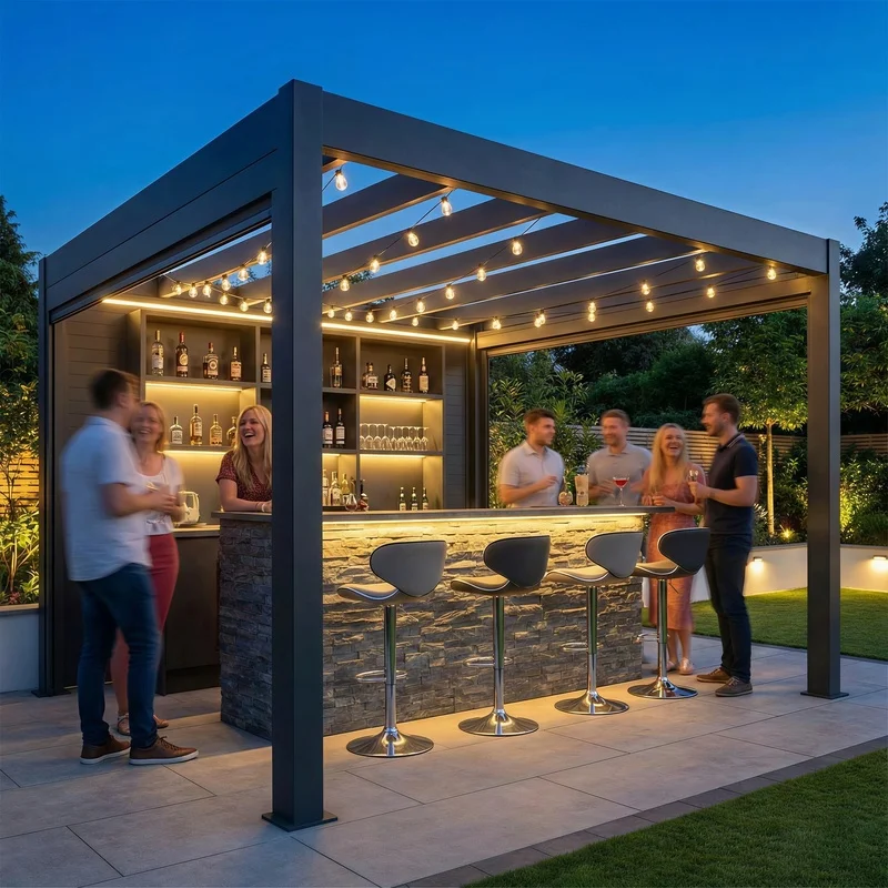 Boutique Homestay Heavy-Duty Aluminum Gazebo & Pergola with Elegant Curtains & String Lights Waterproof Balcony Outdoor Use