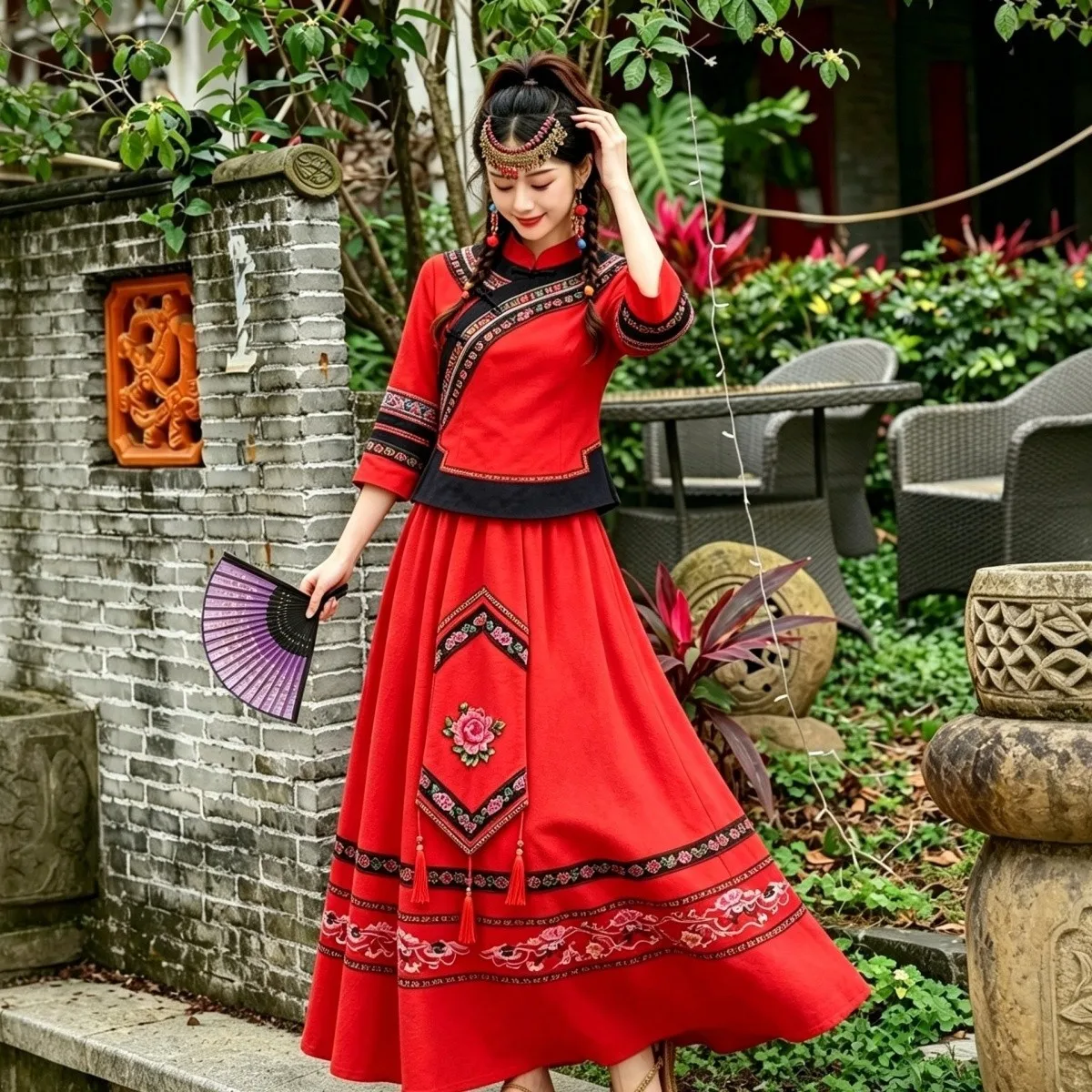 Retro Miao Ethnic Women's Embroidered Two-Piece Set Daily Wear  Dress And Skirt Autumn Fashion Traditional Chinese Clothing