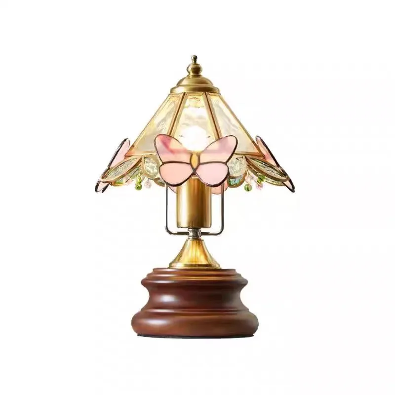 American Retro Butterfly Floral Glass Table Lamp, Vintage French Bedside Light, Ambient Decor Lamp for Bedroom Desk