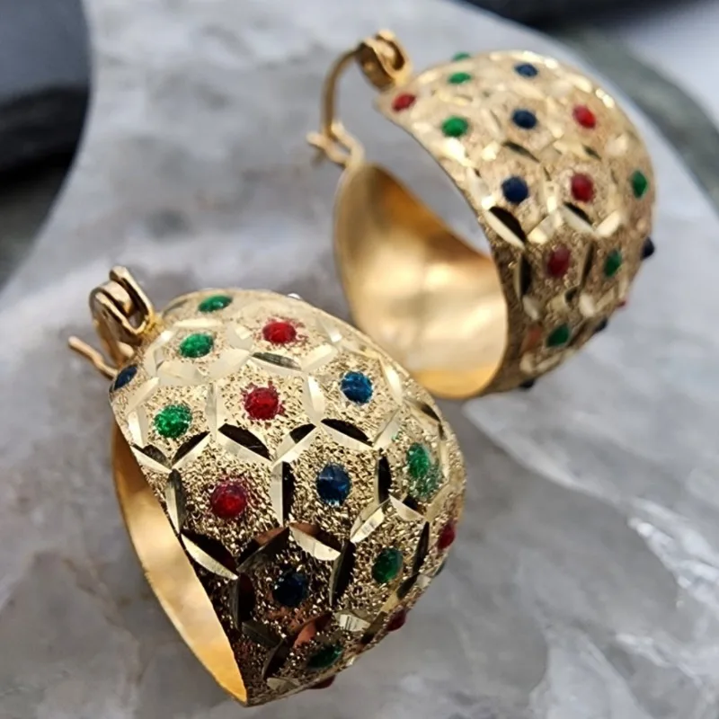 Vintage Court Style Synthetic Zircon Wide Hoop Earrings Women's Light Luxury Elegant Ear Buckle Fashion Jewelry Accessory