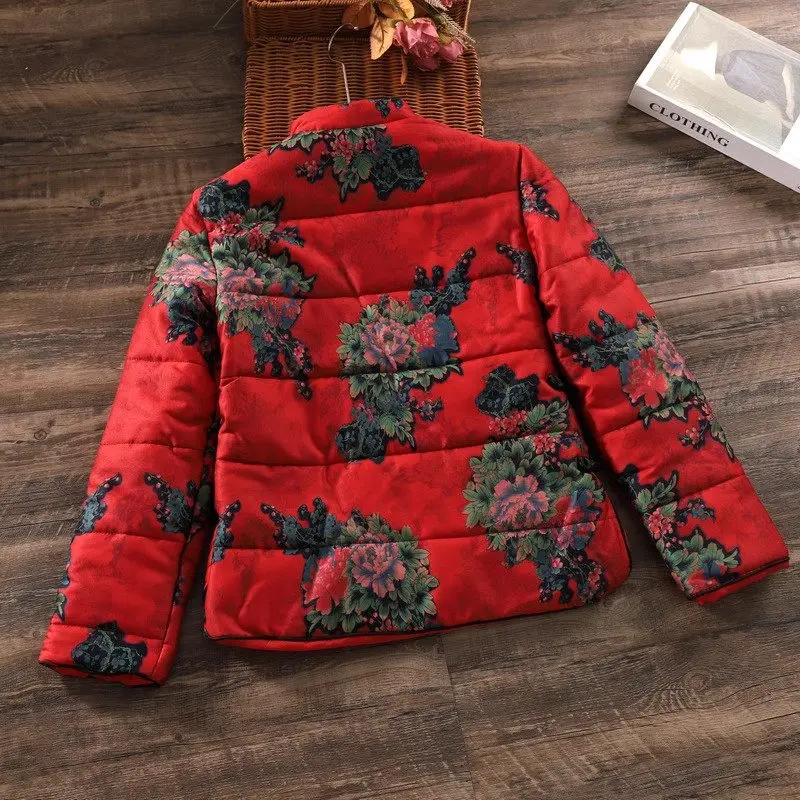 2023 Fall Winter New Ethnic Style Retro Print Thickened Cotton Jacket Warm Chinese Improved Padded Coat Women Abrigos Tops Z3105