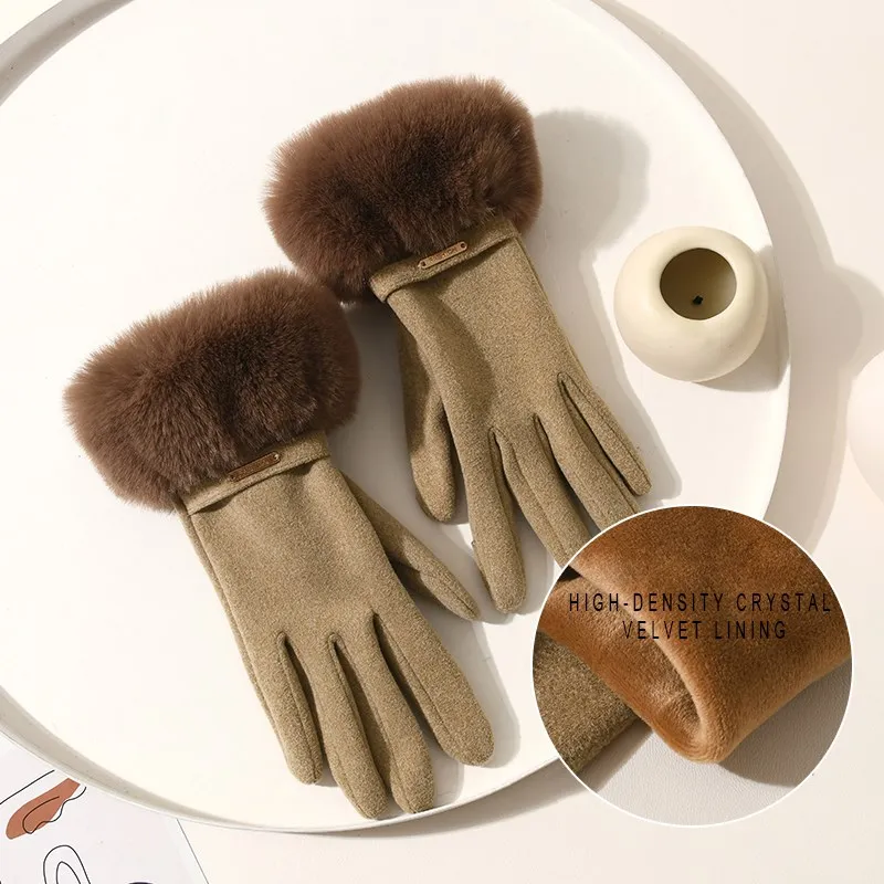 Winter Elegant Women\'s Gloves Touch Screen Velvet Thickened Gloves Rabbit Fur Women\'s Warm Mittens Glove