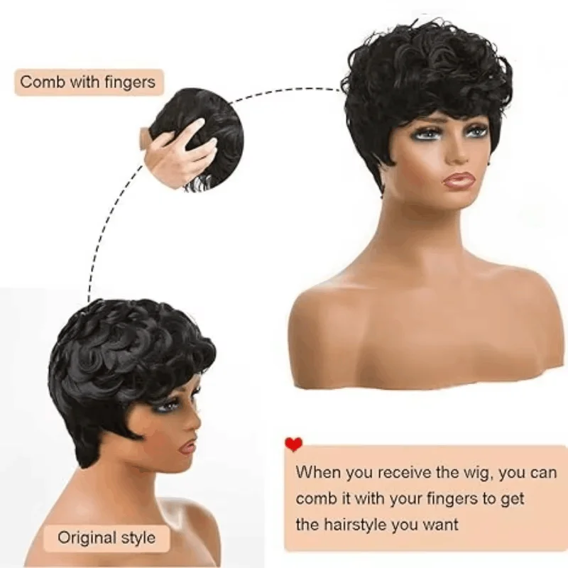 Short Pixie Wigs for Black Women Short Black Curly Pixie Wigs Synthetic Hair Wigs for Black Women Natural Wavy Black Pixie Cut image 5