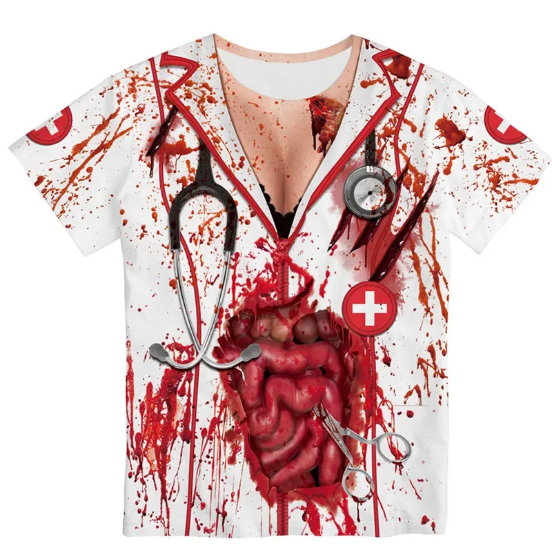 Adult Women Plus Size Horror Bloody zombie Nurse T-Shirt Carnival Party Halloween Costume 3D Printing Scary internal organs Tops