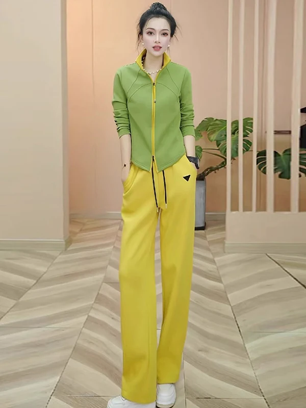 

Youthful Vitality Casual Sports Set Women's Slim Fit Waist-Cinching Stylish Green Open Cardigan Yellow Wide Leg Pants Two-Pie...