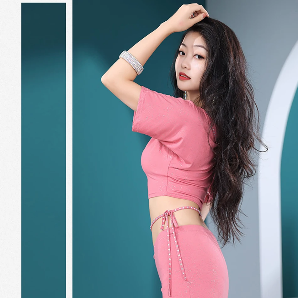 Belly Dance Practice Clothes 2 Pieces Set Top and Long Skirt Short Sleeves For Adult Women Training Outfit Modal Beginner