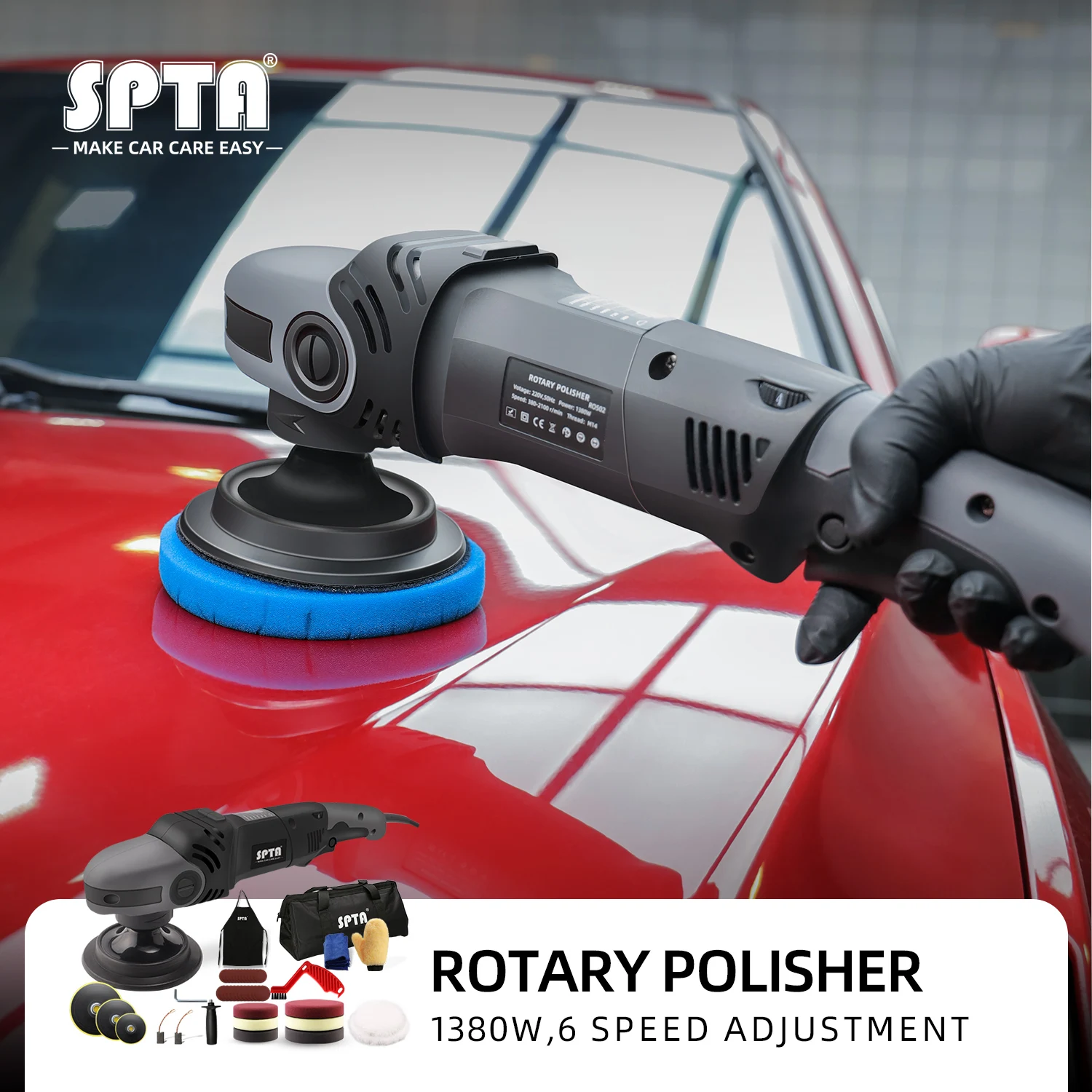 SPTA 5 inch Rotary Car Polishing Machine 1380W RO Polisher 380-2100 rpm Power Buffer Sanding Tool with Pads  Cleaning Brush