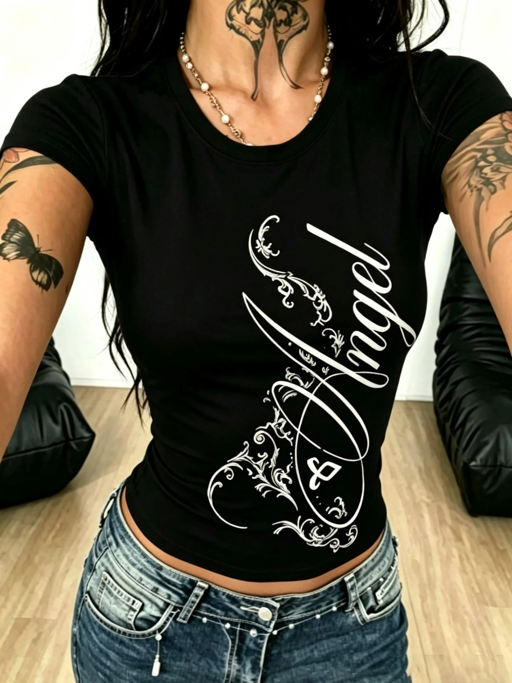 Women Y2K Gothic Angel Script Drip Cross Print Slim Short Sleeve T Shirt Grunge Aesthetic Black Crop Tee Streetwear Basic Top