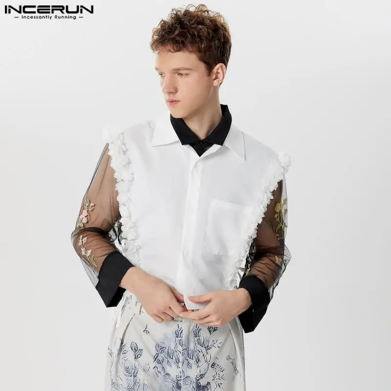 INCERUN Tops 2024 American Style Fashion Men\'s Lace Design Shirts Casual Party Shows Male Hot Sale Solid Sleeveless Blouse S-5XL